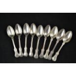 Nine Victoria pattern silver dessert spoons, London 1891, maker Edward Hutton - approx total