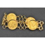 A 9ct gold bracelet set with four gold sovereigns, 1904?, 1911, 1927, 1931 - approx total weight