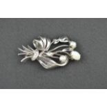 A white metal (tests as white gold) floral spray brooch set with natural opal, two cultured pearls