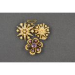 A 9ct gold amethyst and pearl set floral brooch/pendant - diam 2.5cm, together with two 15ct gold