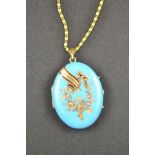 A blue enamel locket inlaid with gold and seed pearls, inscribed 'Ellen' - H 3.5cm, on yellow