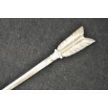 An early Victorian silver game skewer, L21.5cm, feathered arrow form, London 1844, maker Francis