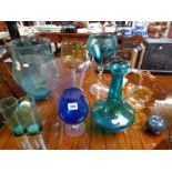 Collection of Assorted Coloured table glassware inc. Vases, Ewer etc.