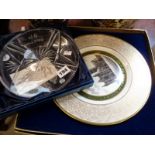 Boxed Wedgwood Salisbury Cathedral plate and a boxed Bridge Crystal Christmas plate by S A