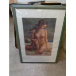 Large 20thC framed print of a Nude Woman in beach scene