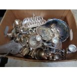 Large Box of assorted Silverplated tableware inc. Candelabras, Silverplated egg timer etc.