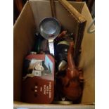 Box of Bygones inc. Copper jelly moulds, Wooden carved Elephant dinner gong, Teachers Whisky