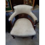 Late 19thC Rosewood Ivory inlaid Tub chair with cream upholstered back and seat