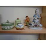 Qty. of assorted ceramics inc. Wedgwood Jasperware pot, Friedel accordion player, Minton Table