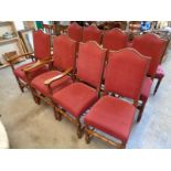 Set of 8 Good quality red upholstered dining chairs with oak frames