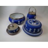 19thC Wedgwood Jasperware lidded cheese dish. Biscuit barrel, Fruit bowl a and a Pickle dish