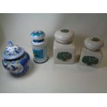 2 Taunton vale lidded storage jars, Portuguese storage jar and a Chinese lidded jar
