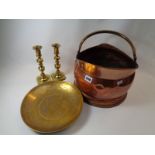 Copper Coal helmet, Pr. Of Brass Victorian candlesticks and a Brass plate