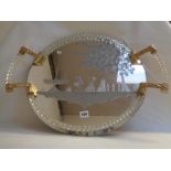 Large etched glass serving tray depicting a regency couple in garden setting, candy twist gallery