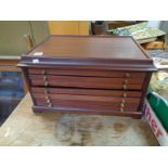 20thC Mahogany Coin collectors chest with brass handles