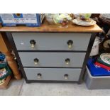 Painted Oak chest of 3 drawers with brass drop handles