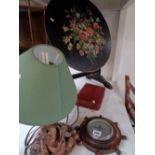 Black Painted floral tilt top table and assorted bygones