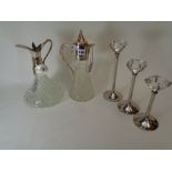 2 20thC Pressed glass claret jugs, 2 Silverplated Whisky & Sherry Labels and 3 Diamond shaped candle