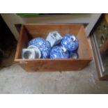 Box of assorted Blue and White ceramics and Art Glassware