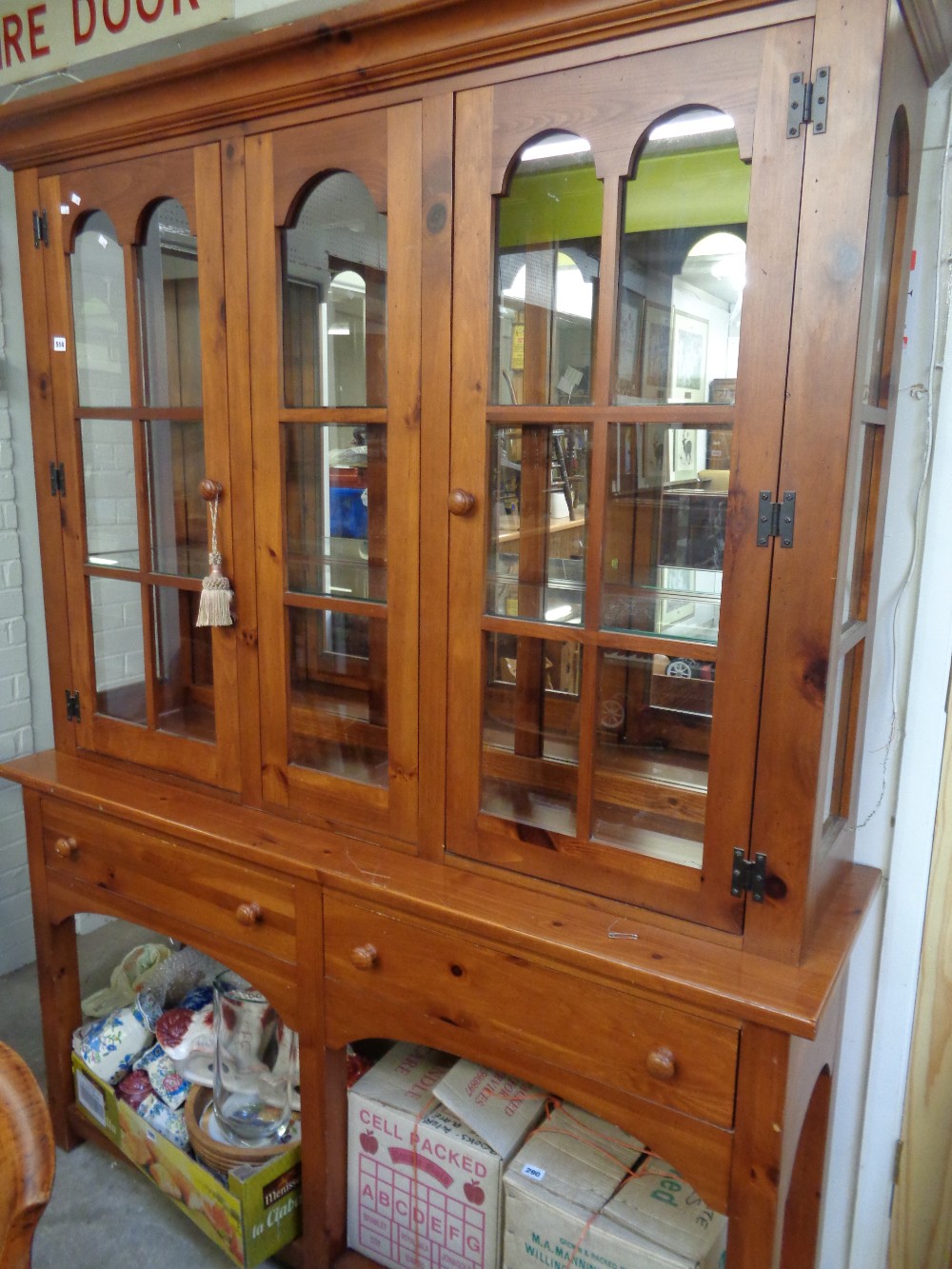 Modern Pine glazed dresser of 3 doors and drawer base