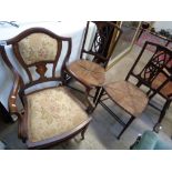 Edwardian Walnut Inlaid Mahogany Ladies Elbow chair with upholstered seat and back and 2 Edwardian