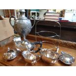 Pewter foliate decorated two handled urn, 3 Piece Silverplated teaset and various Silver plated are