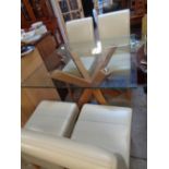 Good quality Glass topped Dining table with Oak cross support and a set of 4 Cream Leather dining