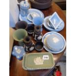 Large collection of Pale Blue, Black basalt and green Wedgwood