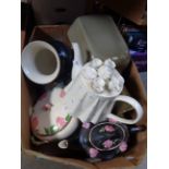 Box of various Pottery and a Large Opaque hand blown vase