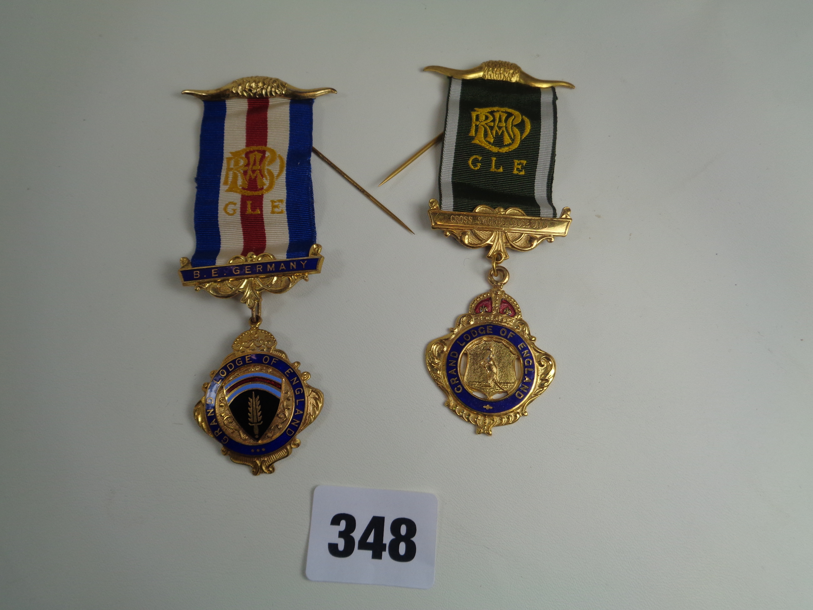2 Gilt Grand Lodge of England medallions with ribbons