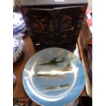 Oriental lacquered jewellery cabinet with foliate detail, Coal port Harrier plate and a shoe horn