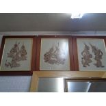 Set of 3 Balinese block prints in Mahogany frames