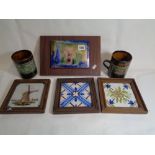 3 Framed 19thC Delft Tiles, Copper enamelled Still life picture and 2 Art Pottery Mugs