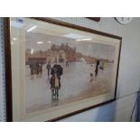 Large Framed print of 19thC Newlyn promenade scene after Norman Garstin