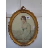 19thC Ornate Gesso Gilt framed hand coloured engraving of a young woman