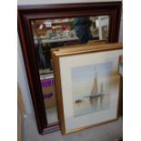 Modern Bevel edged mirror and 2 Sailing prints