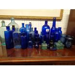 Collection of Vintage Blue glass bottles inc. Not To Be Taken, inkwells, medicine bottles etc.