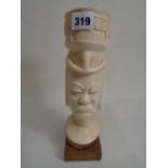 1930s African Ivory Bust of a Woman with Tree design headdress, mounted on wooden plinth