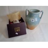 Art Deco two handled ribbed vase and a boxed Royal Stafford Bone China 1981 Royal Wedding Mug