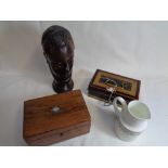 Box of assorted bygones inc. African Hardwood head etc.