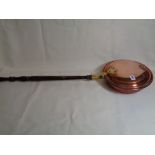 19thC Copper warming pan with applied Brass detail and wooden turned handle