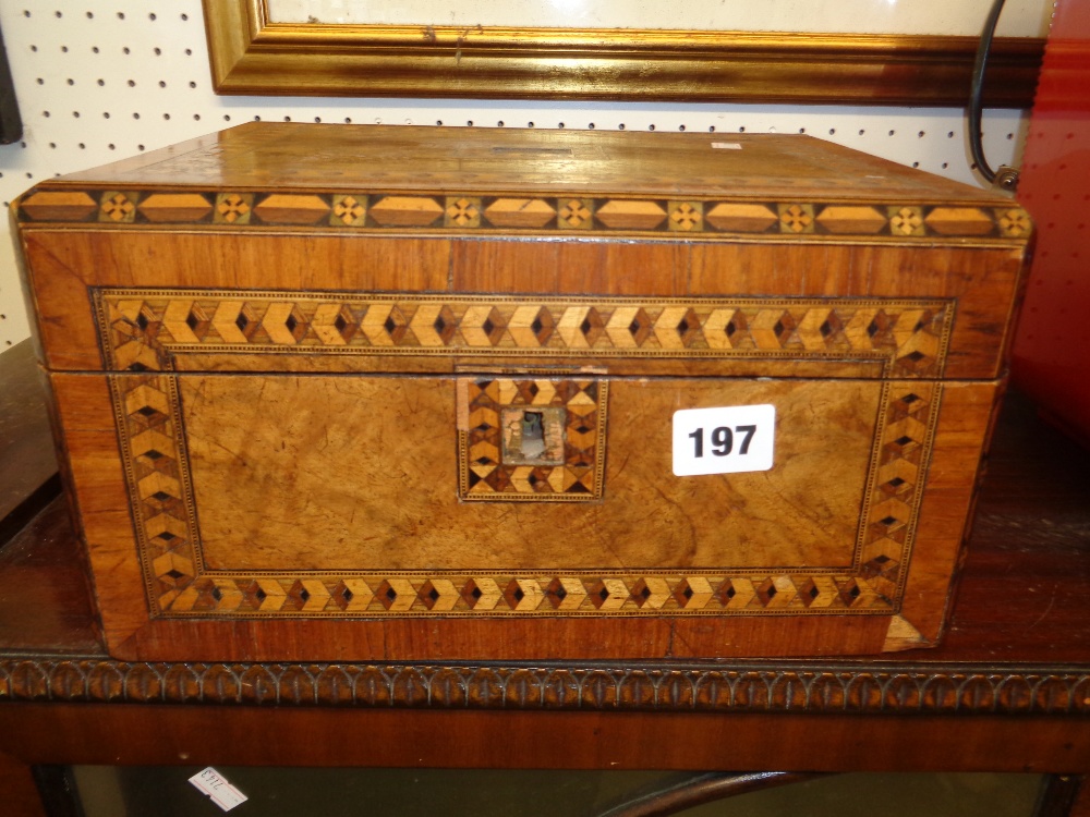 Large Tunbridge inlaid sewing box with assorted sewing items