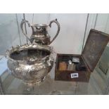 Box of assorted Small collectables inc. Silver Matchbox cover, Silverplated trophy & jardinière