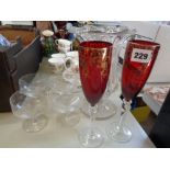 19thC Flared Clear glass Celery vase, Set of 4 Cut glass Sundae Dishes and a Pr. Of Ruby Gilded