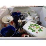 Box of assorted pottery and ceramics inc. Satsuma vase, Weimar floral two handled dish etc.