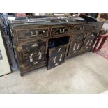 Large Japanese Lacquered Sideboard applied with Geisha decoration with glass top