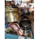 large Box of Bygones Brassware and Copperware inc. Coal scuttle, Jardinière, Ewer etc.