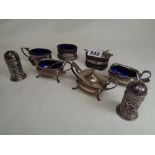 Collection of Early 20thC Silver Salts 161.9g & a Edwardian Silver pepperette and Salt Shaker