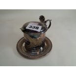 Victorian Silverplated Mustard Pot with blue glass liner and a Small Silver pin dish