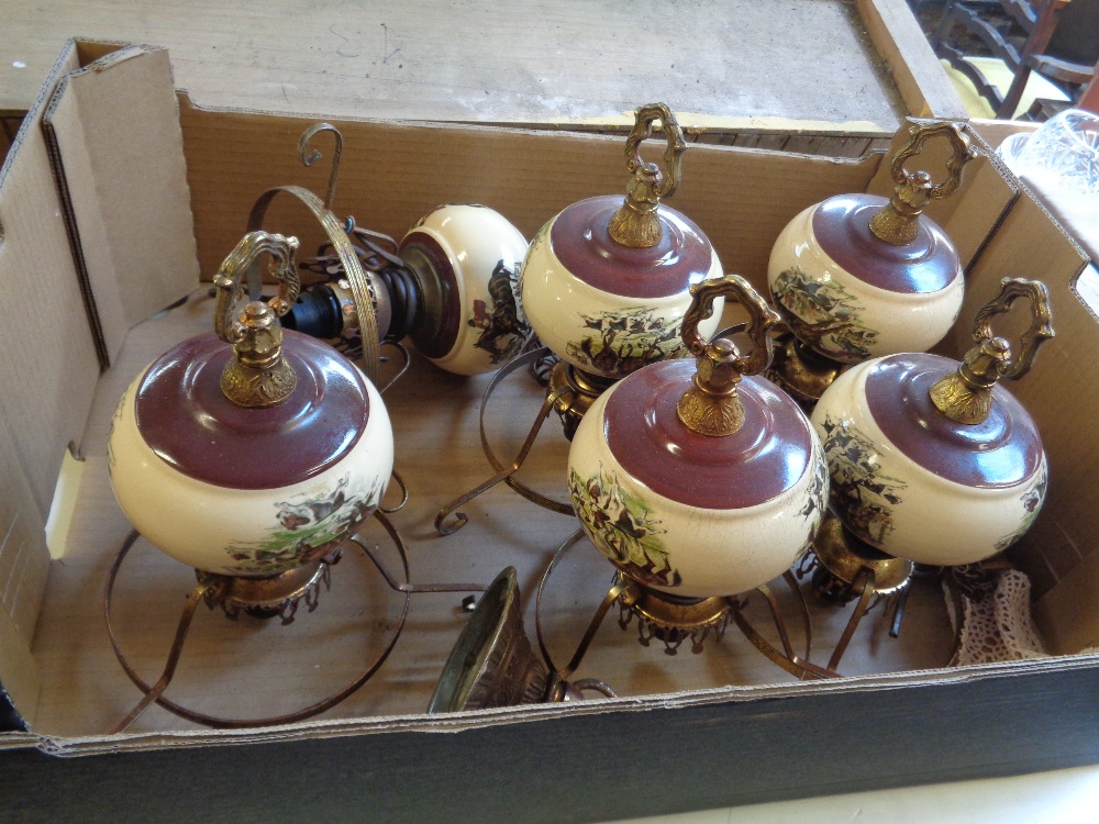 Set of 6 Fox Hunting decorated hanging light fittings
